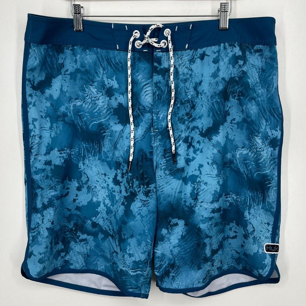 Huk Performance Fishing Mens Blue Camo Board Shorts Swim Trunks Size 38